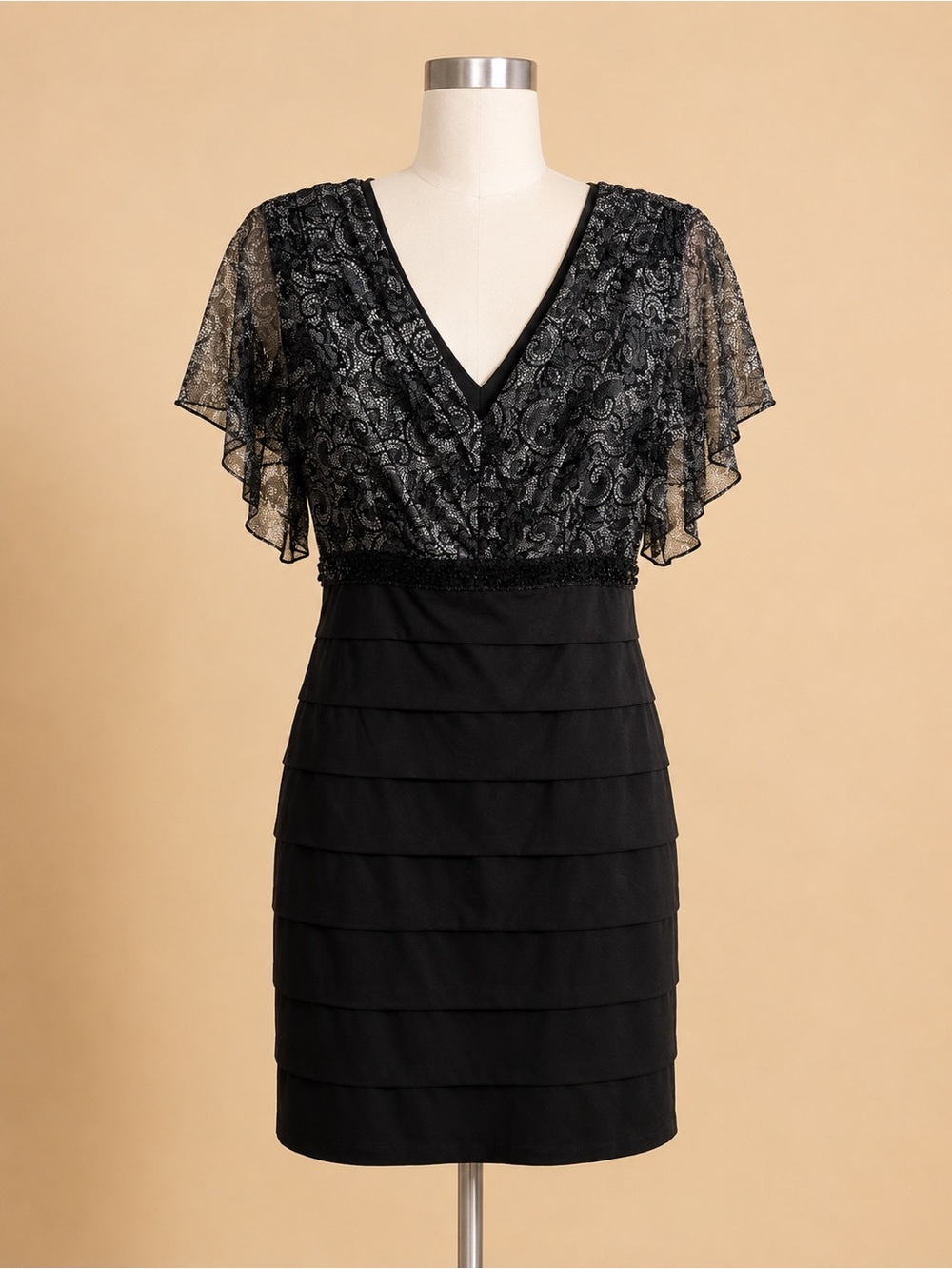 Black V-Neck Lace Flutter Sleeve Dress